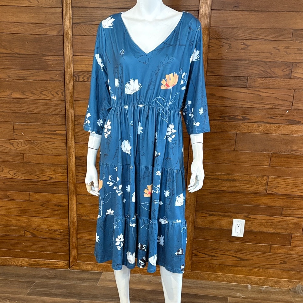 Elegant Blue Floral Midi Dress with V-Neck